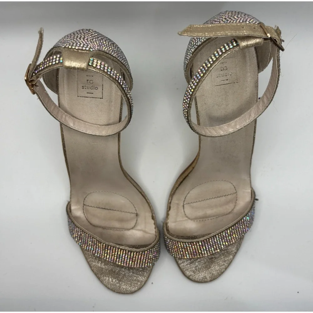 DB Studio Britt Block Heel Sandals Size‎ 9M Gold Glitter Rhinestone Ankle Strap